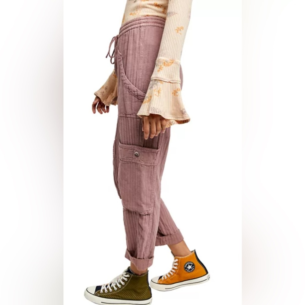 Free People Dusty Rose Linen Cargo Pants XS | Washed Utility Drawstring Waist - Picture 6 of 10